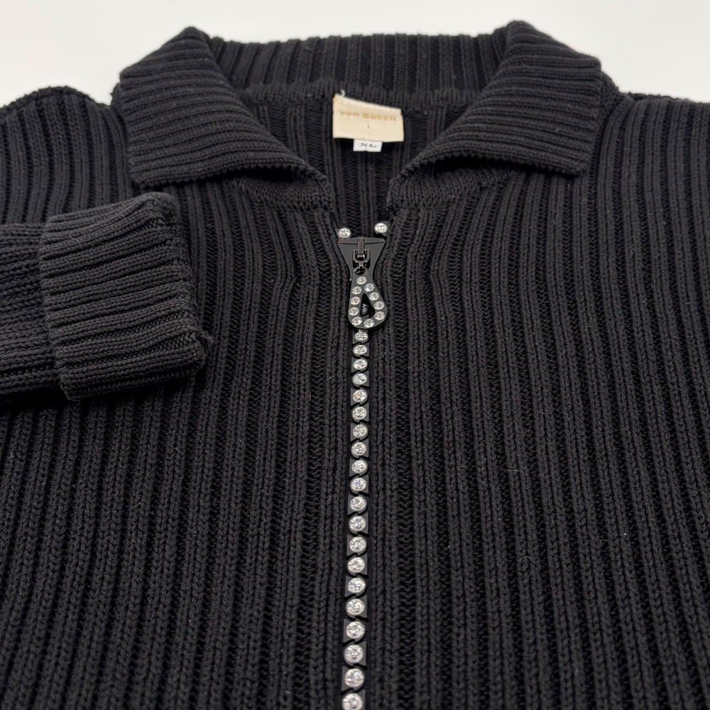 Von Sachsen Black Ribbed Zipper Front Cardigan Rhinestone Embellished Zipper XL